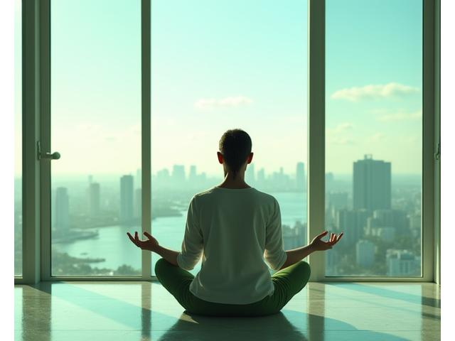Calm professional practicing meditation in a modern, serene Miami penthouse apartment with city views