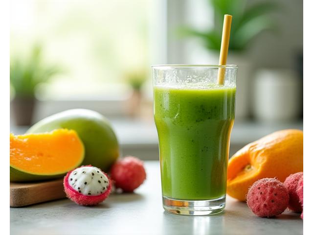 Vibrant, fresh tropical fruits and healthy green smoothie on a modern kitchen counter