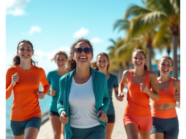 Diverse group of active, healthy adults jogging happily on a scenic Miami boardwalk