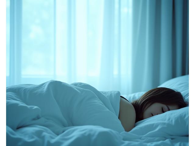 Individual peacefully sleeping under a lightweight blanket in a cool, dark room, with minimalist decor