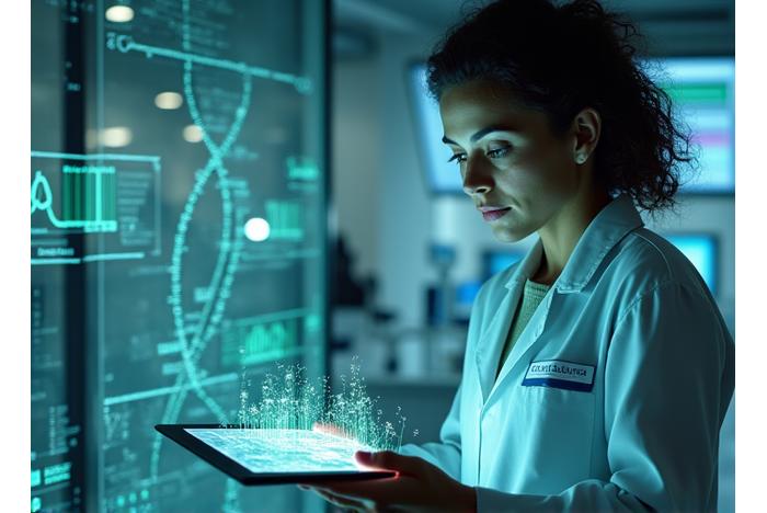 Scientist reviewing data on a tablet in a modern lab environment