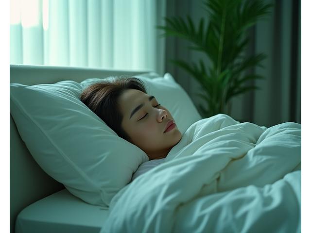 Person sleeping soundly in a cool, minimalist bedroom