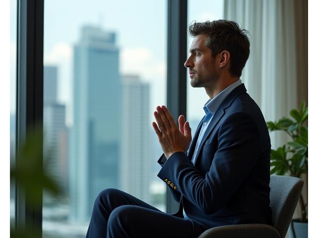 Professional meditating calmly in a serene, modern office setting