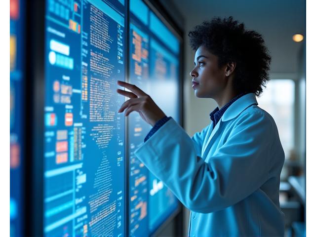A healthcare professional analyzing complex biomarker data visualizations on a large screen, pointing to key trends.