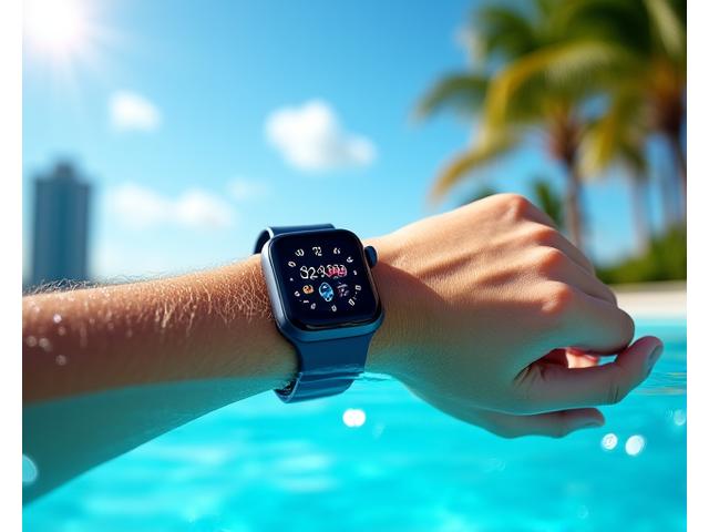 A sleek, modern smartwatch being worn in a swimming pool, showing water resistance and health tracking while wet.